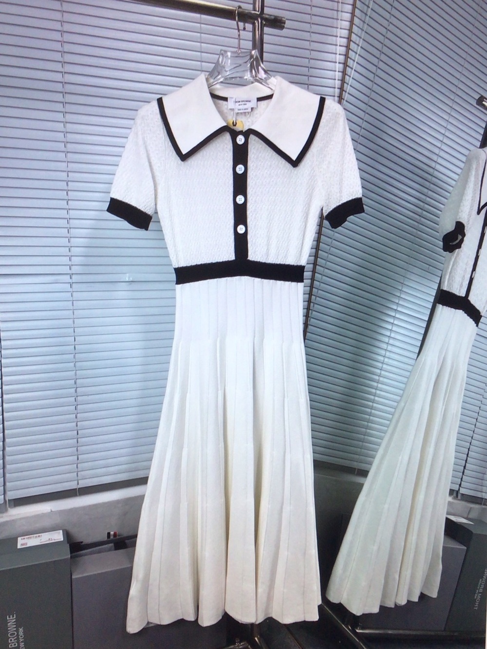 Thom Browne White Knit Polo Midi Dress with Black Trim